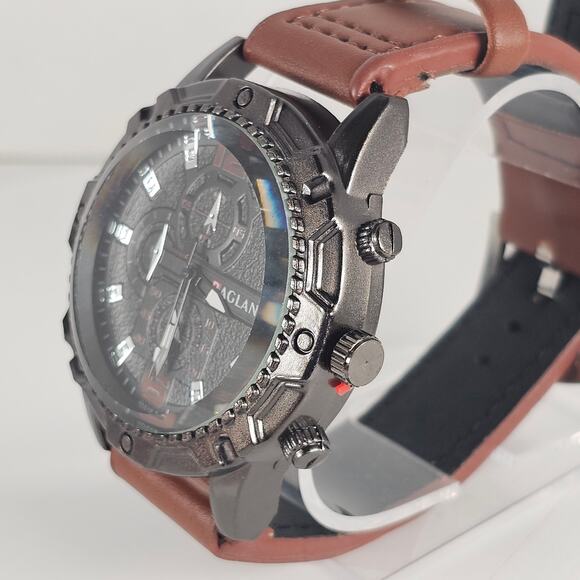 Raglan Men's Quartz Watch Black Dial Brown Band 43.9mm Case Chrono Look NEW - Picture 9 of 13
